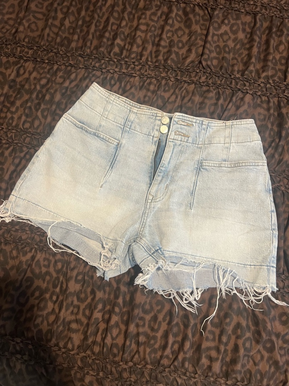 High-Rise Light Blue Frayed Hem Denim Shorts